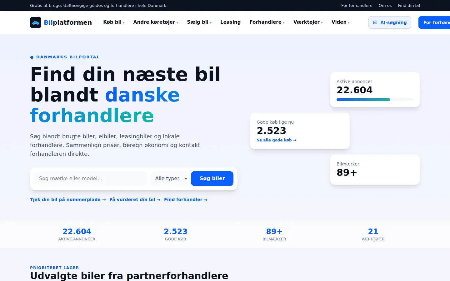 Forsiden af Bilplatformen med søgning på tværs af danske forhandlere